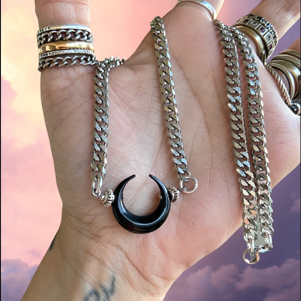 Moon choker necklace . Black buffalo horn carved moon charm . goth boho - Picture 7 of 12